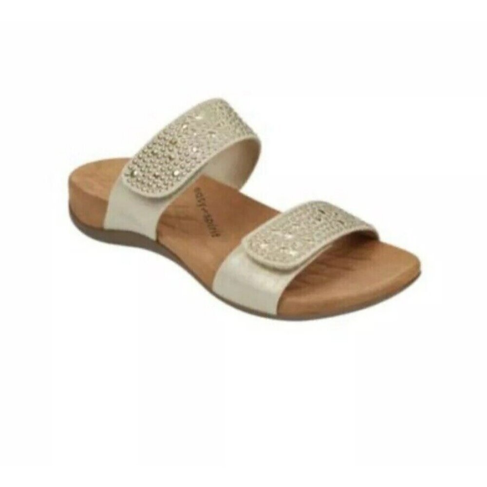Easy Spirit Womens Abaft Leather Open Toe Casual Slide Sandals, Beige, Size 11M